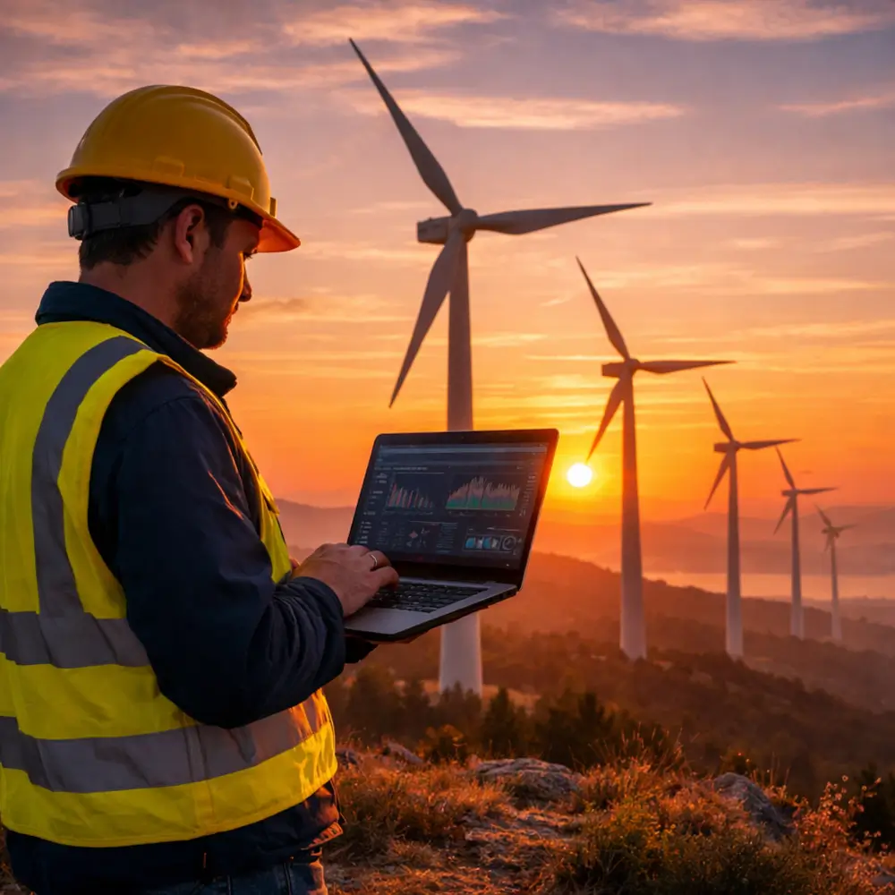 Wind energy technician using a laptop to monitor wind turbines at a wind farm during sunset.