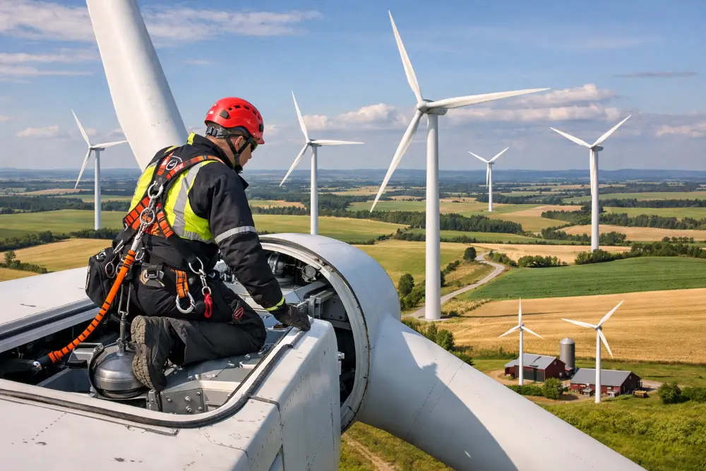 Wind power turbine maintenance engineer working on an onshore wind farm with multiple turbines across rural landscape.
