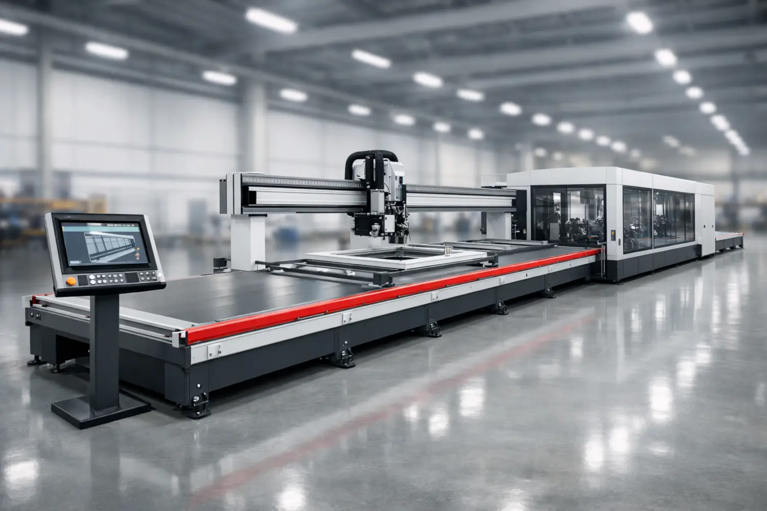 Window machinery marketing image of automated CNC window production line with gantry system and conveyor in modern factory