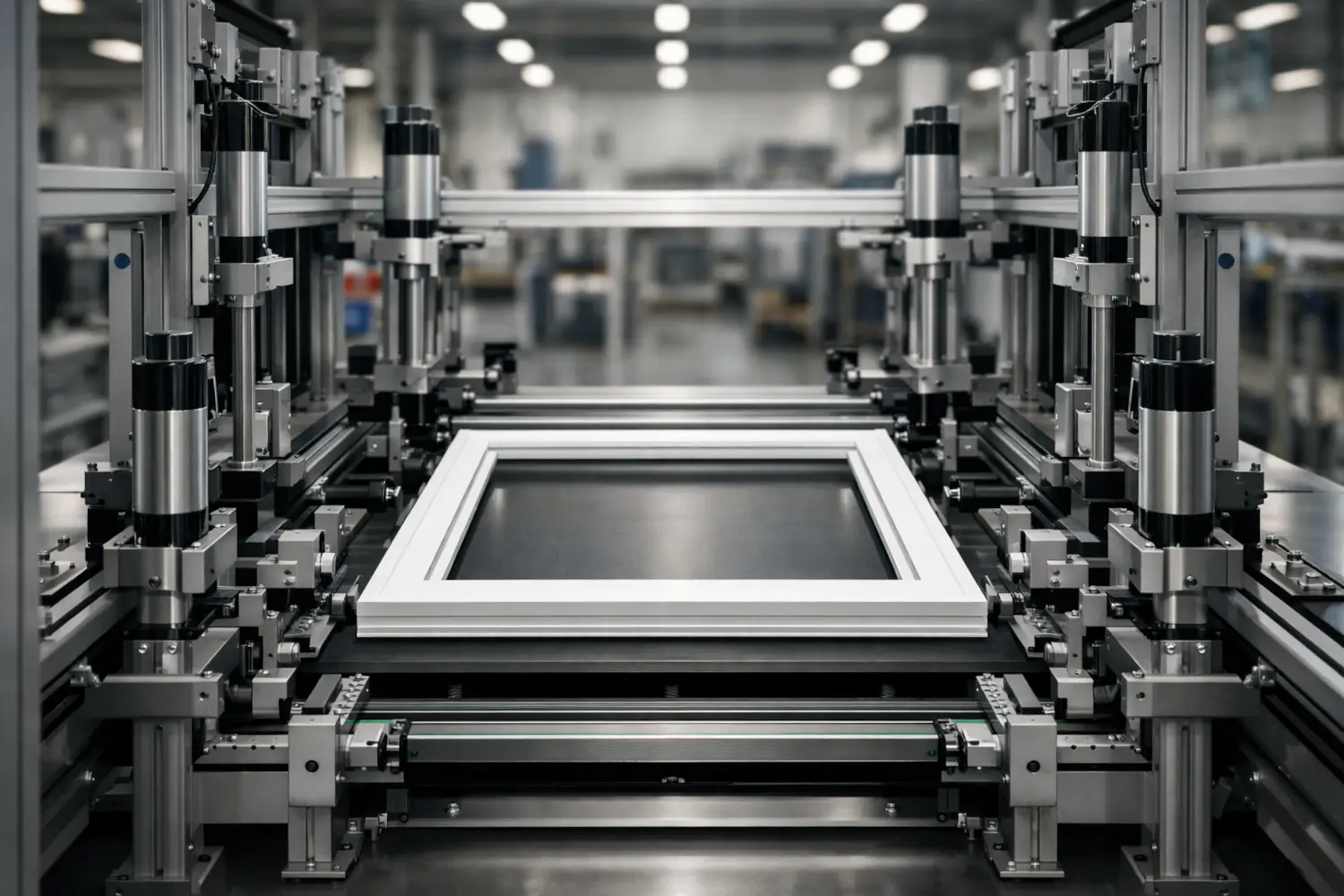 Window machinery marketing image of automated window frame assembly system with precision alignment and mechanical actuators