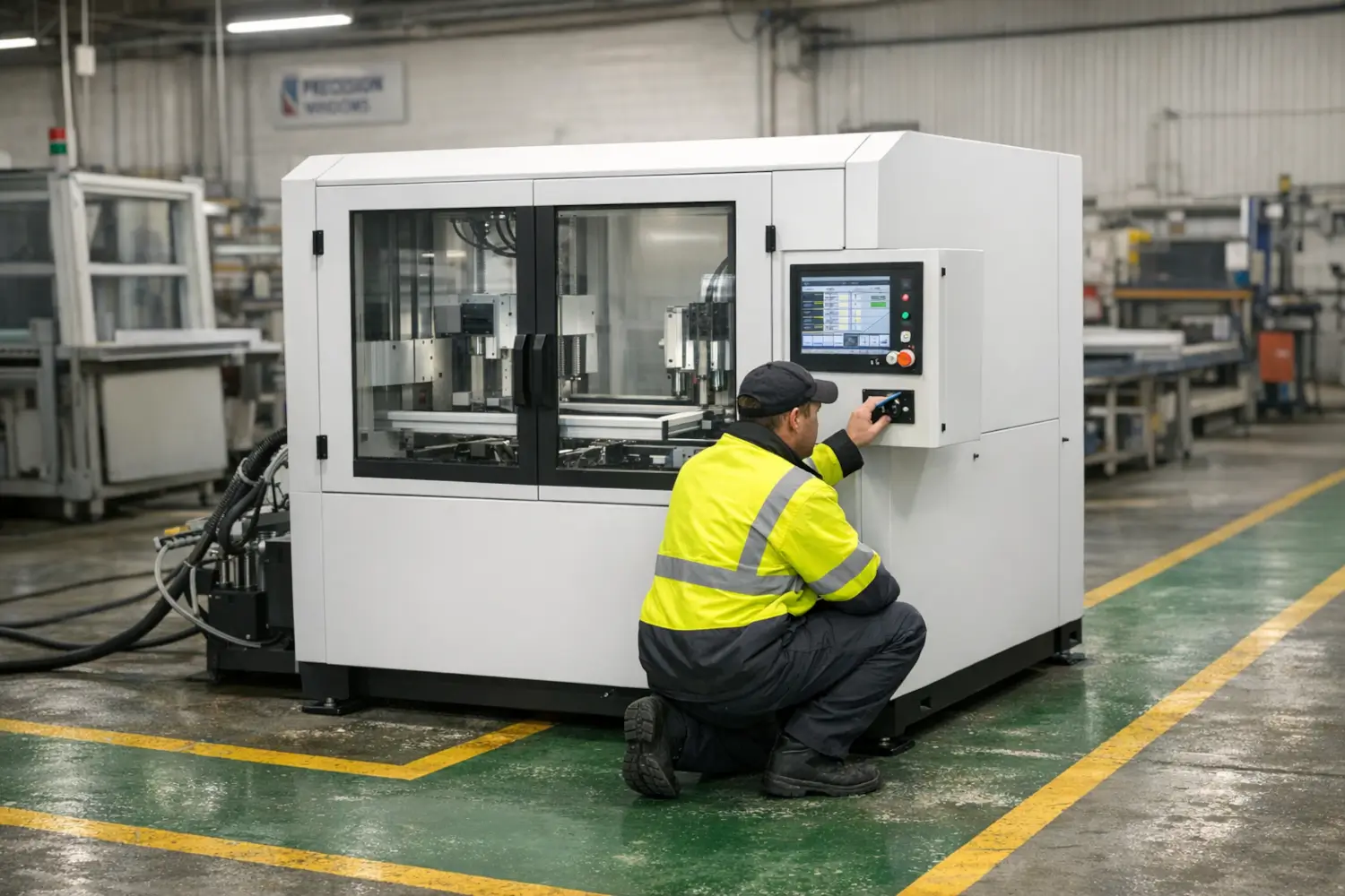 Window machinery marketing image of operator using CNC window processing machine with digital control panel in factory