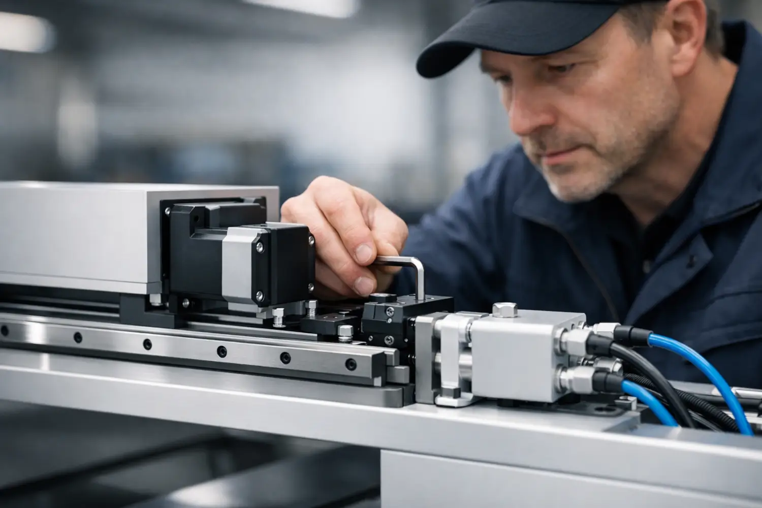 window machinery marketing engineer adjusting precision machine components in industrial manufacturing setting