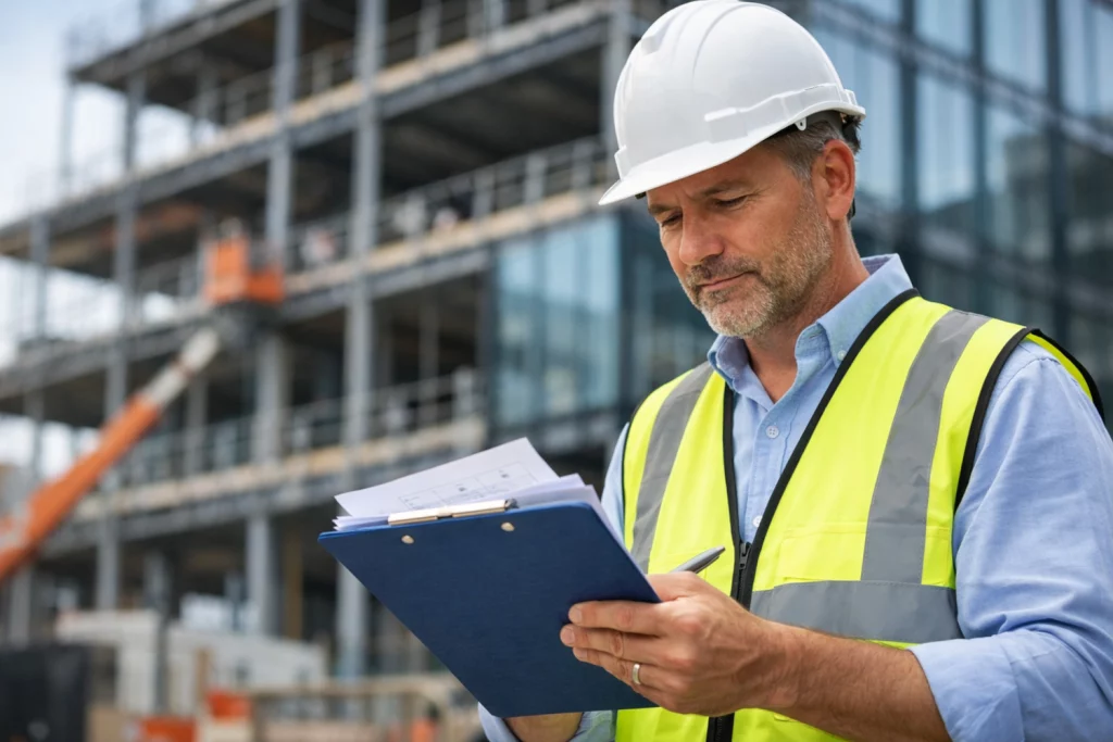 Building products marketing agency concept showing construction site manager reviewing plans on active commercial build