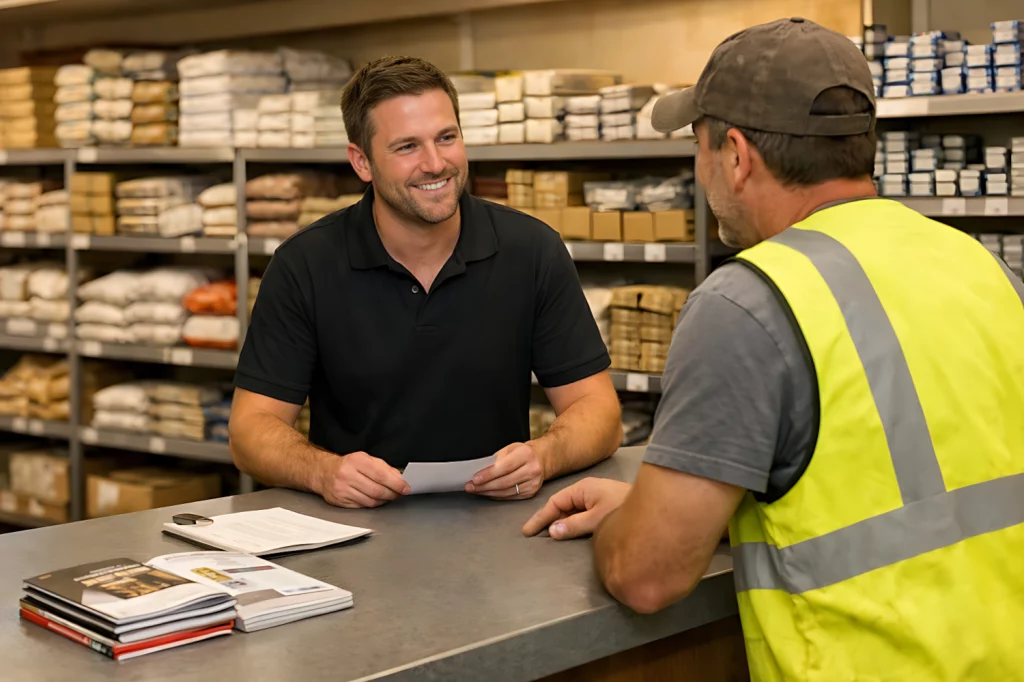 Building products marketing agency example showing builders merchant trade counter interaction with customer purchasing materials
