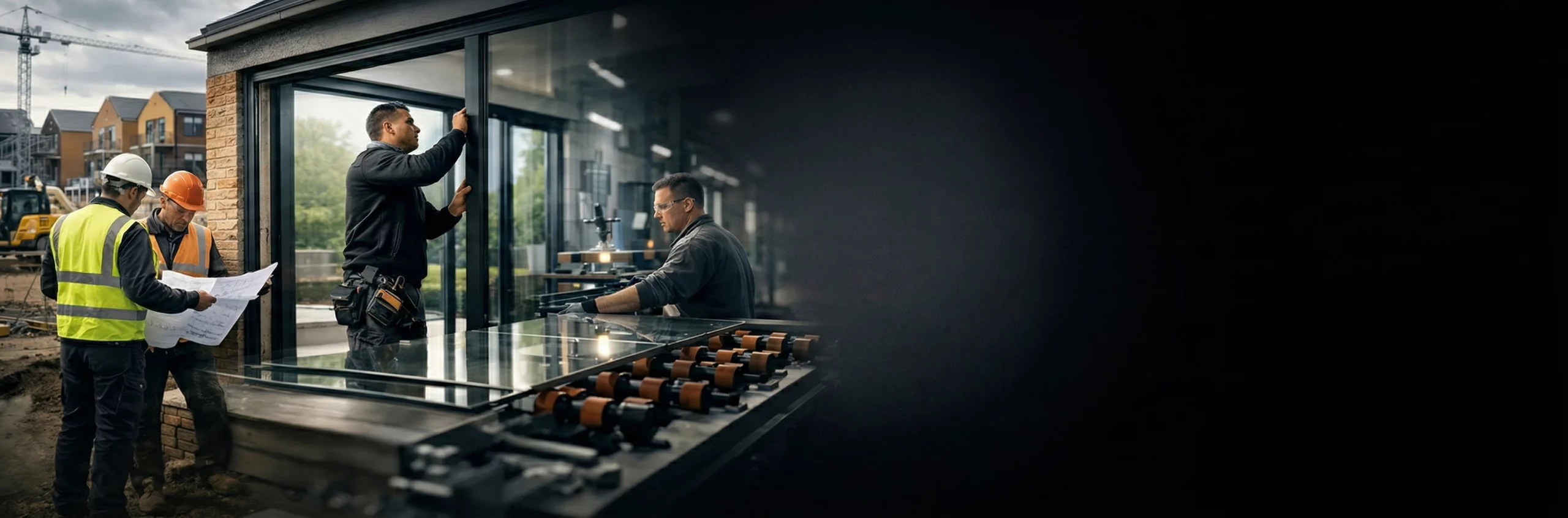 Construction marketing agency hero image showing tradespeople installing windows on a new build housing development site