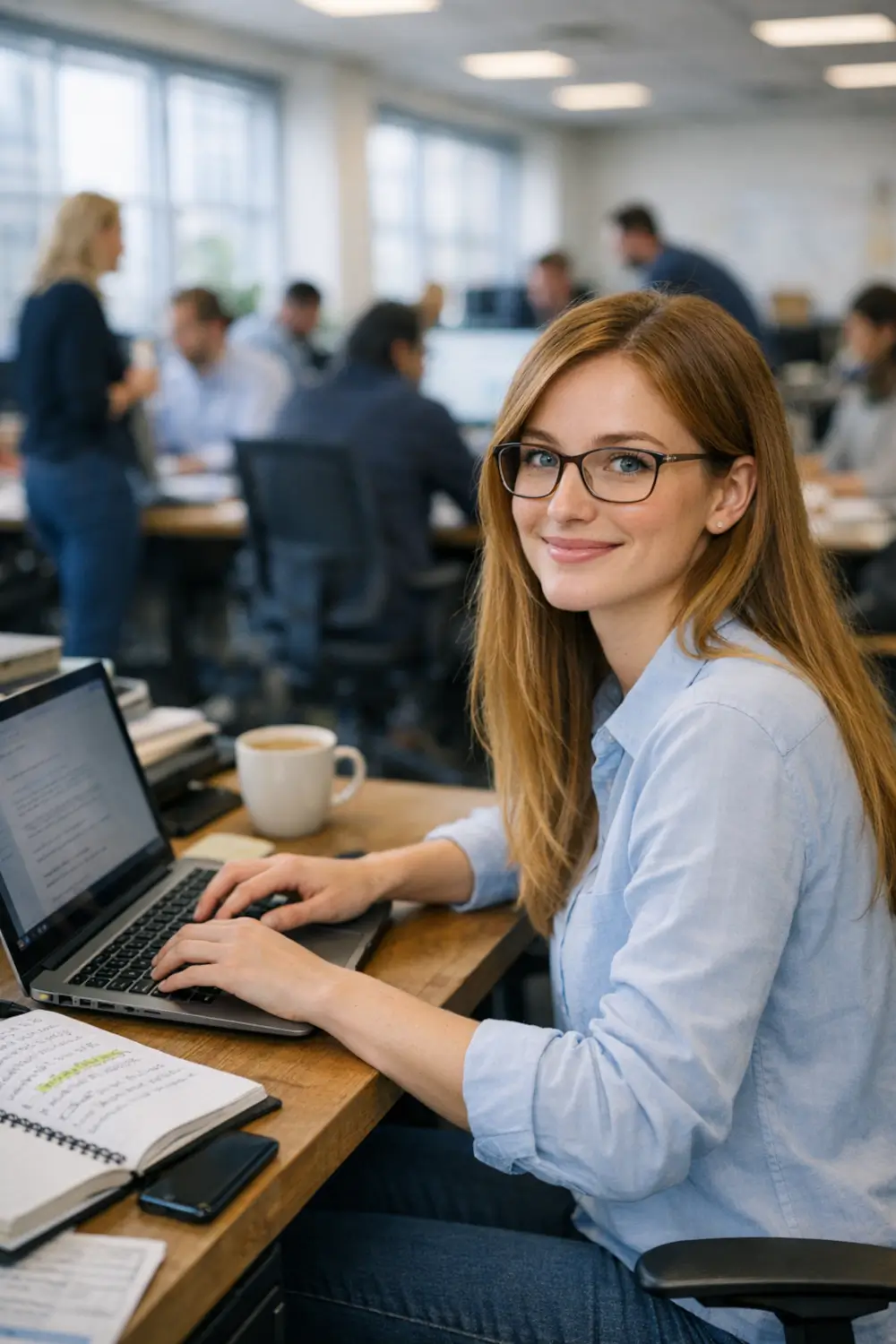 Content marketing for home improvement companies showing a professional content writer working on a laptop in a busy office environment