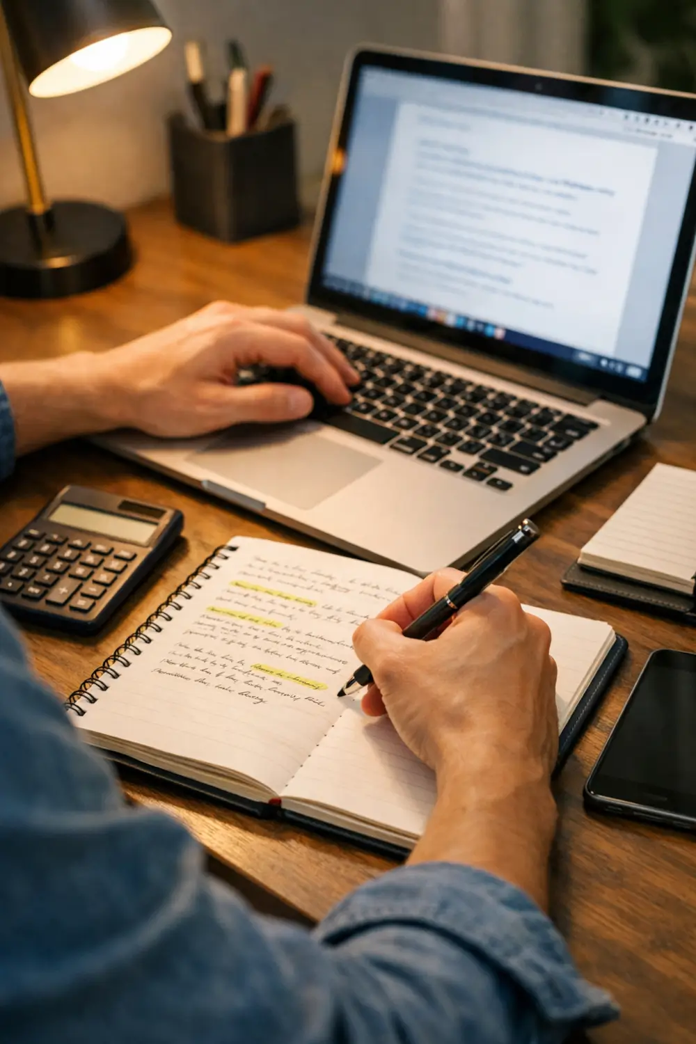 Content marketing for home improvement companies showing a writer creating SEO content on a laptop with notes and highlighted keywords