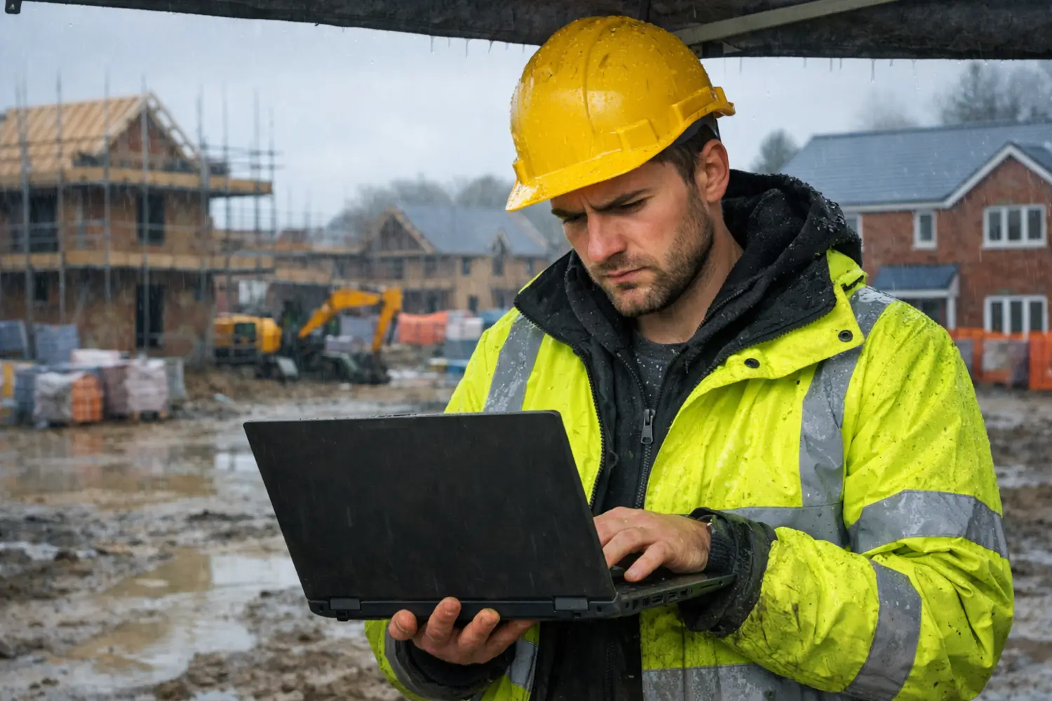 Digital marketing vs in-house marketing for construction showing builder on site frustrated with poor marketing results on laptop