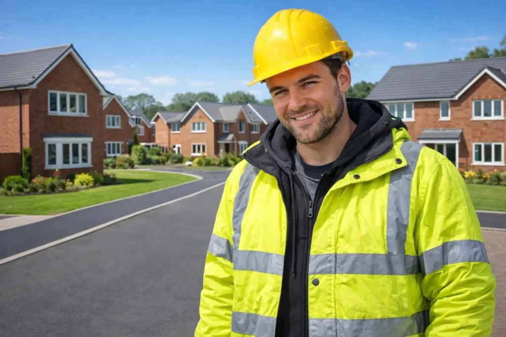 Digital marketing vs in-house marketing for construction showing successful builder on completed housing development site