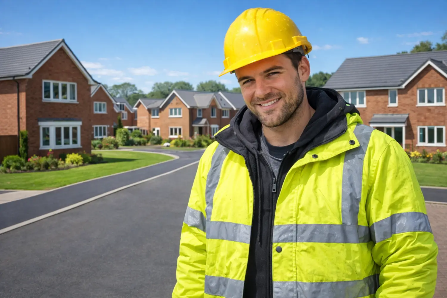 Digital marketing vs in-house marketing for construction showing successful builder on completed housing development site