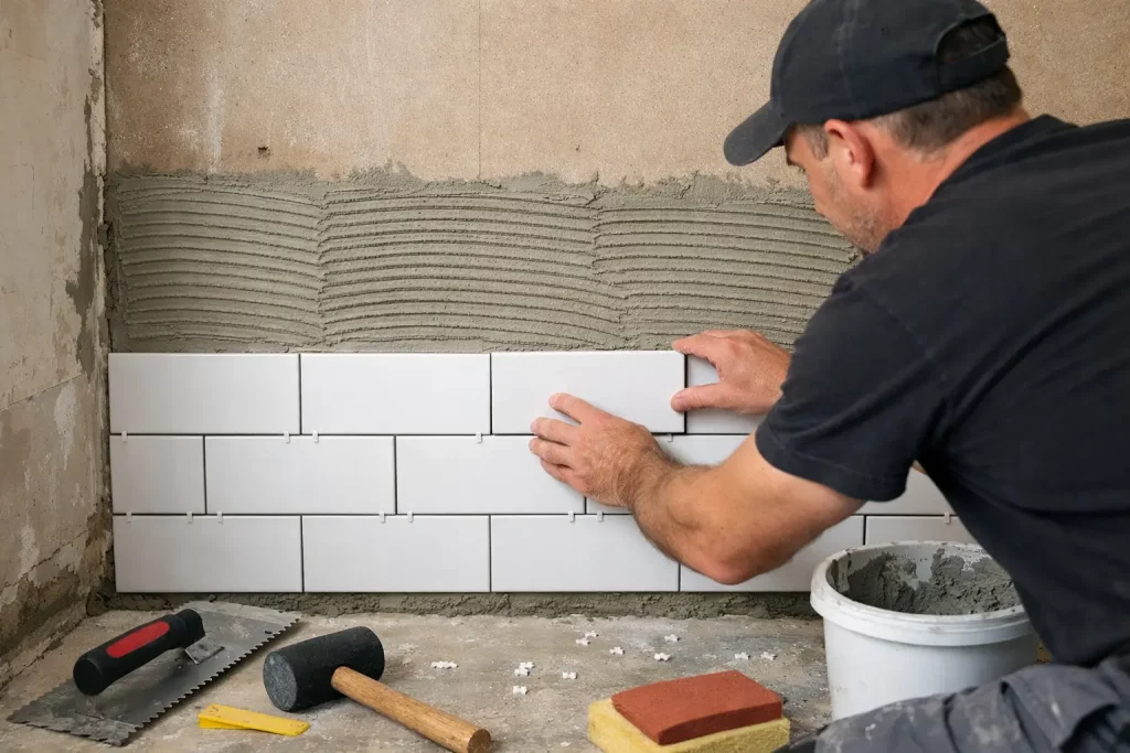 Home improvement marketing agency example showing bathroom tiler installing wall tiles with adhesive targeting searches for bathroom fitters near me