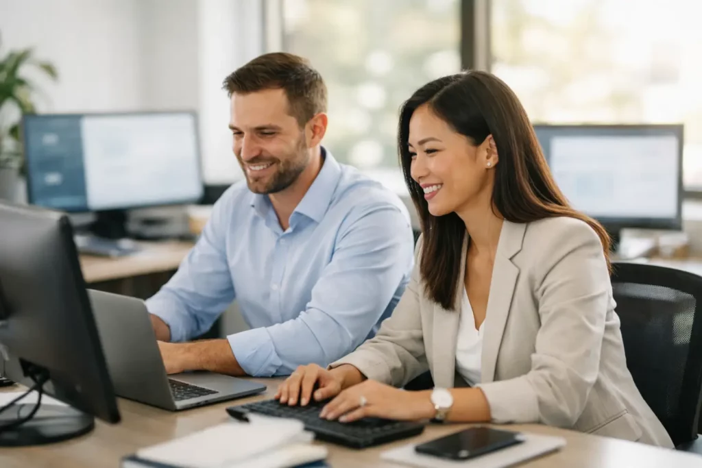 Home improvement marketing agency team managing digital marketing campaigns on computer in bright office