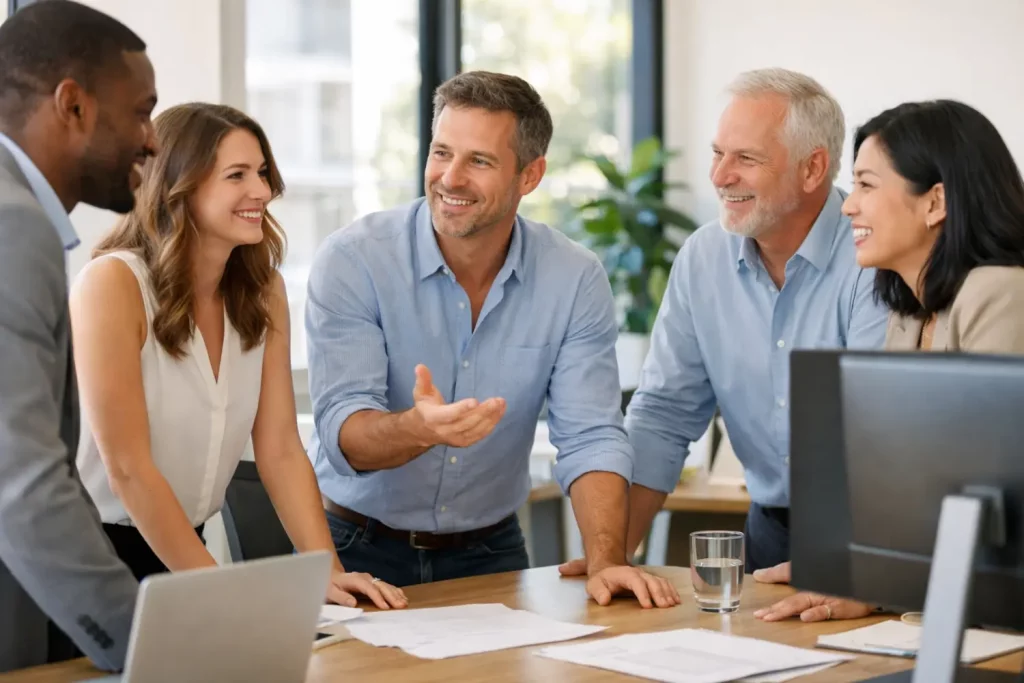 Home improvement marketing agency team discussing marketing strategy with clients in a bright office meeting