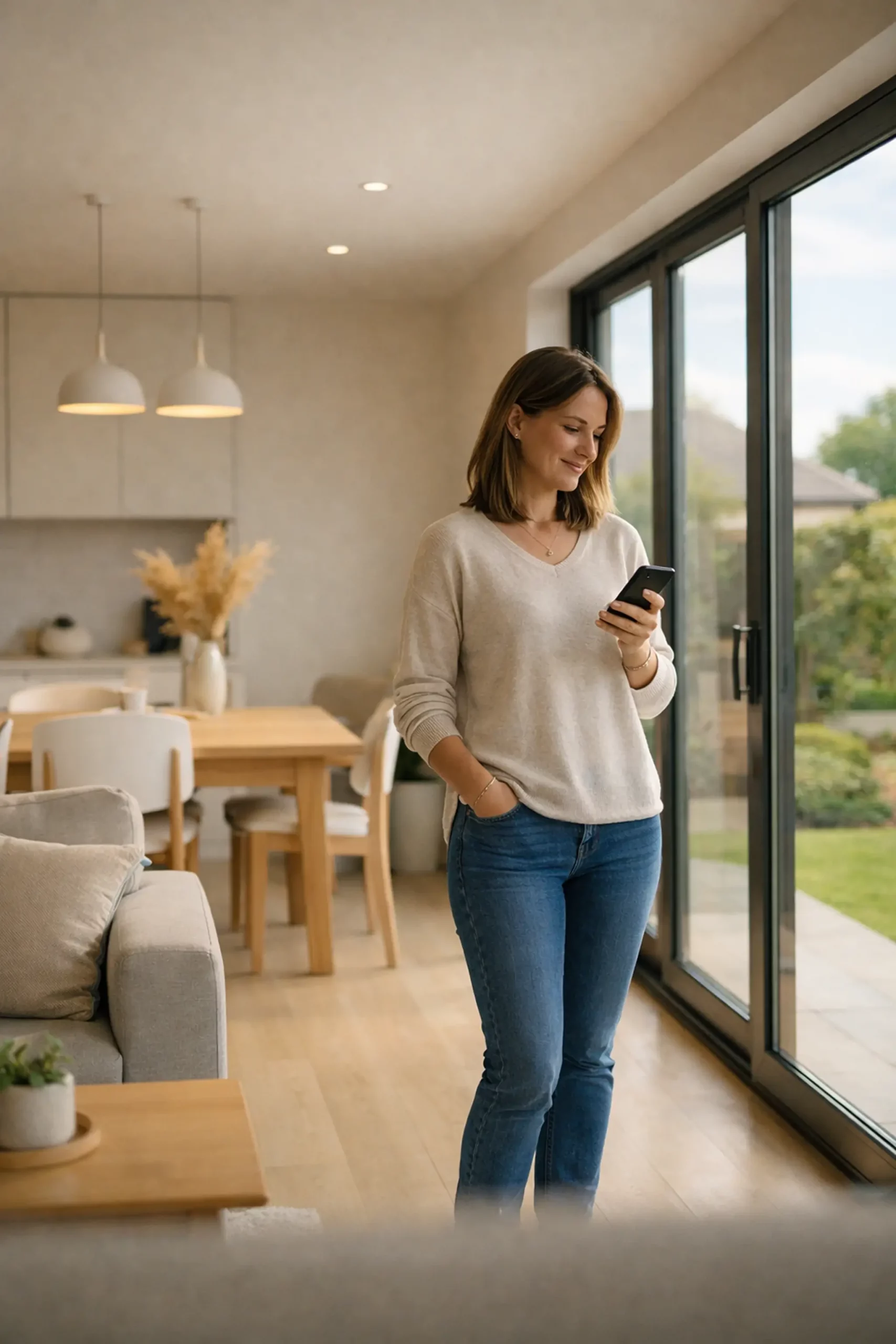 Home improvement marketing agency generating homeowner enquiry on mobile phone in modern kitchen and living space