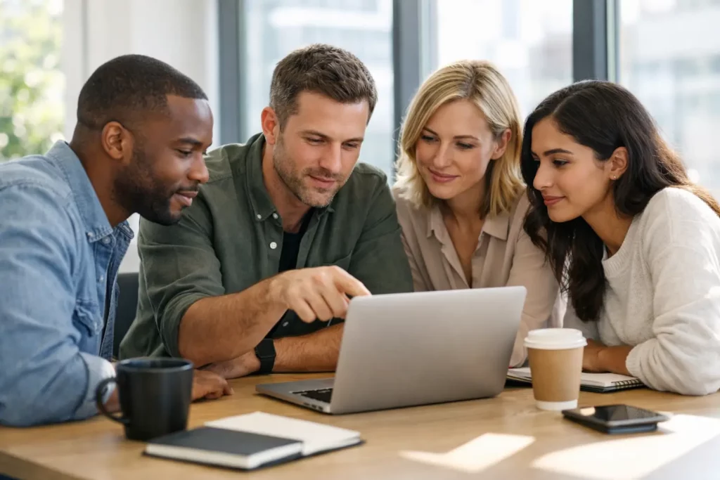Home improvement marketing agency team reviewing marketing strategy on laptop in bright office environment