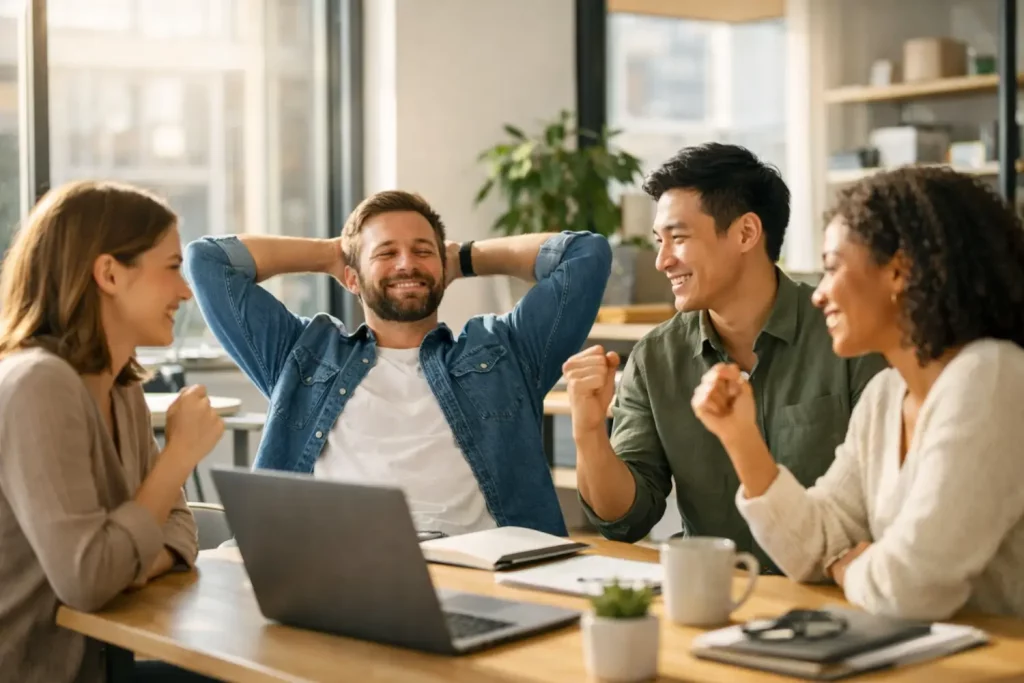 Home improvement marketing agency team celebrating successful campaign results in bright office