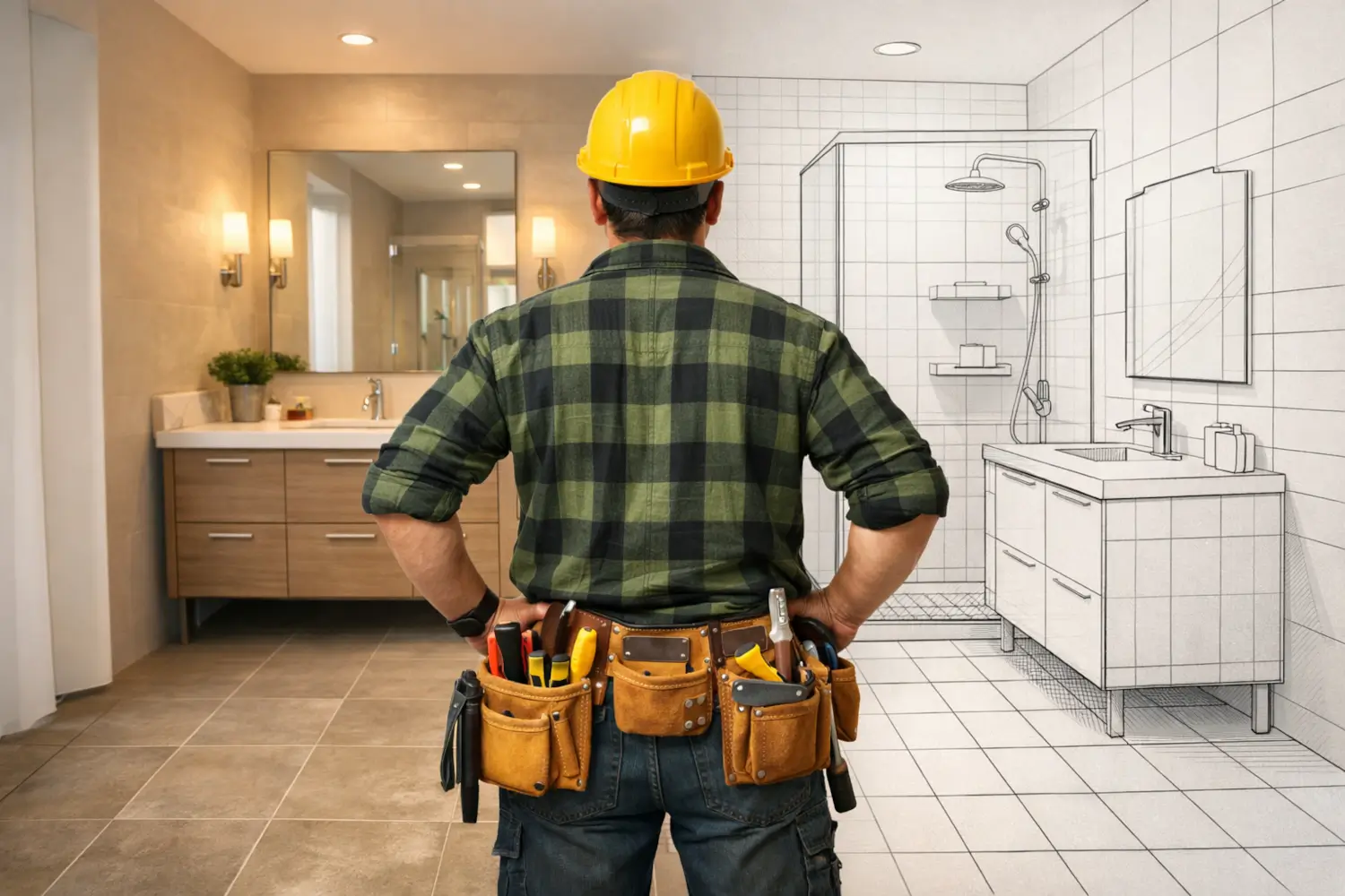 SEO for home improvement companies showing a tradesperson reviewing a bathroom renovation design transitioning from concept sketch to completed interior