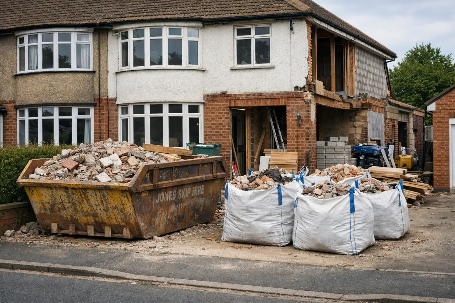 SEO for home improvement companies showing a UK house renovation with skip full of rubble and construction materials outside a property