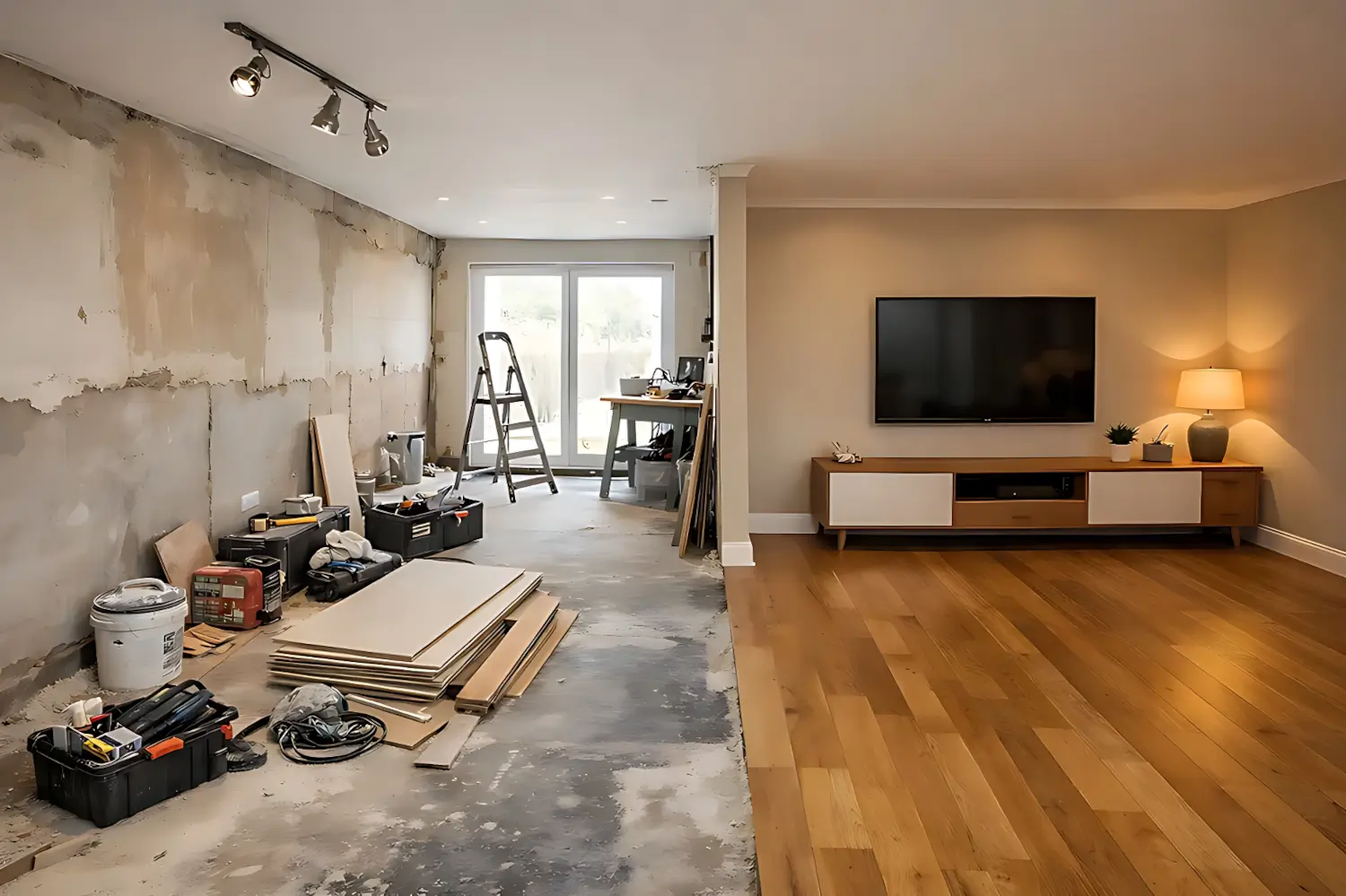 SEO for home improvement companies showing a living room renovation with one side completed and the other under construction with tools and materials
