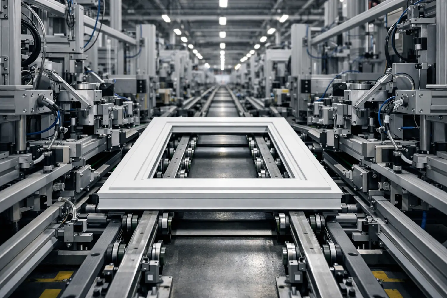 SEO for window machinery suppliers, automated uPVC window frame moving through a precision fabrication production line