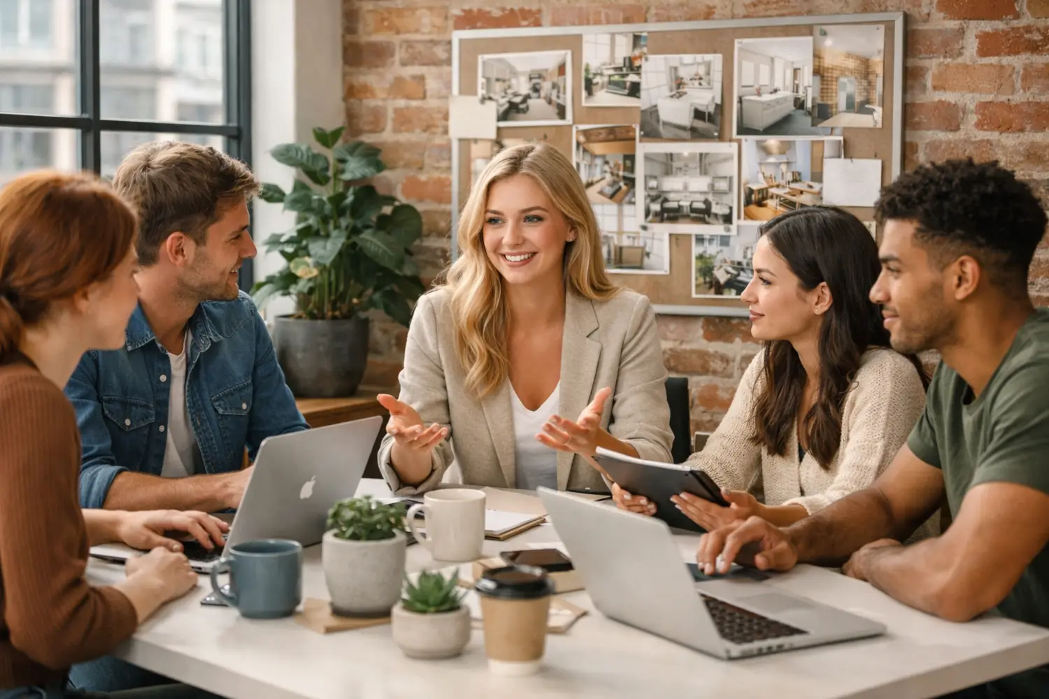 A young social media marketing team collaborating in a modern office, working on social media strategies for home improvement companies, with a home renovation mood board visible on the wall behind them. Social Media for Home Improvement Companies; Home Improvement Social Media Marketing; Social Media Agency Team; Digital Marketing for Builders; Social Media Strategy Meeting; Home Improvement Marketing; Social Media Manager Team; Content Marketing Home Improvement; Digital Agency Office; Social Media for Tradespeople; Marketing Team Collaboration; Home Renovation Marketing; Social Media for Contractors; UK Social Media Agency; Home Improvement Digital Marketing Agency.