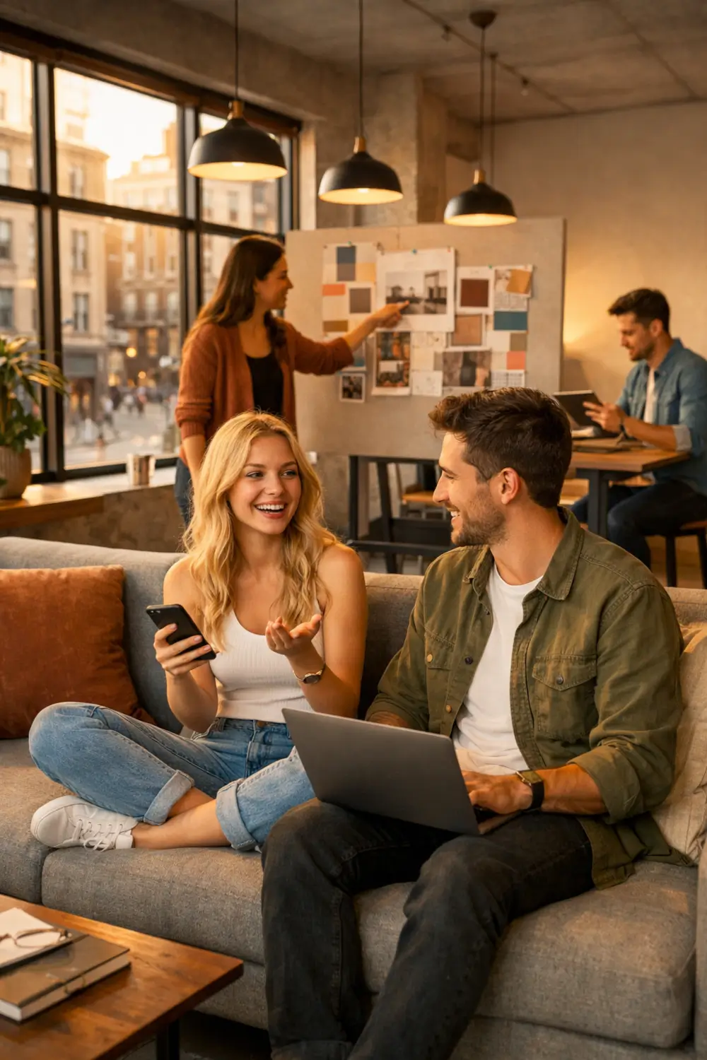 A young social media marketing team working on smartphones and laptops in a modern office, planning social media content for home improvement companies, with a home improvement mood board visible in the background. Social Media for Home Improvement Companies; Home Improvement Social Media Marketing; Social Media Agency Team; Digital Marketing for Builders; Social Media Strategy Session; Home Improvement Content Marketing; Social Media Manager; Home Renovation Digital Marketing; Creative Agency Office; Social Media for Tradespeople; Home Improvement Marketing Team; Social Media for Contractors; UK Digital Marketing Agency; Social Media Campaign Planning; Home Improvement Online Marketing.