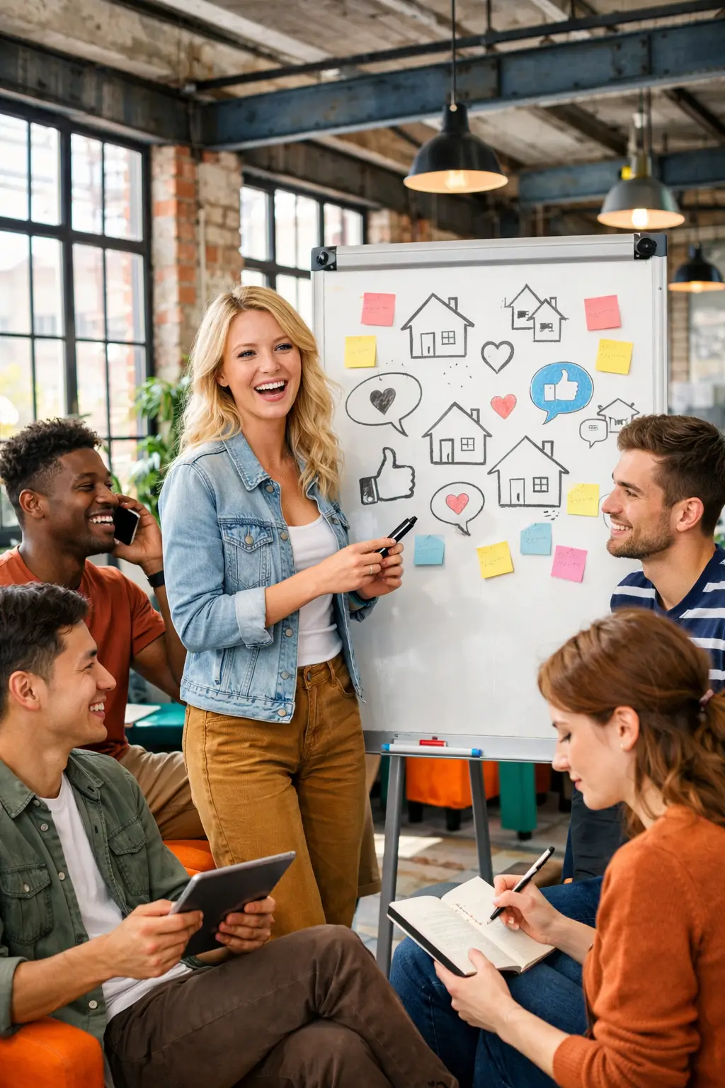 A young blonde social media strategist presenting a home improvement social media plan on a whiteboard covered in house icons and engagement symbols, to an engaged team of young marketing professionals in a modern office. Social Media for Home Improvement Companies; Home Improvement Social Media Strategy; Social Media Marketing for Builders; Home Improvement Digital Marketing; Social Media Brainstorm; Social Media Agency Team; Content Strategy for Home Improvement; Social Media for Tradespeople; Home Improvement Marketing Plan; Social Media for Contractors; Digital Marketing for Renovators; UK Social Media Marketing Agency; Home Improvement Online Presence; Social Media Campaign Ideas; Creative Marketing Team.