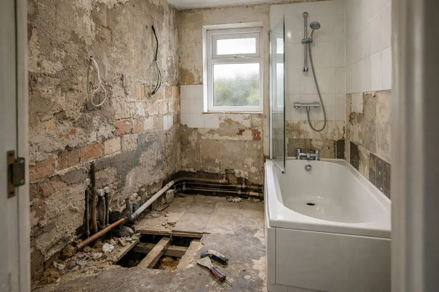 Web design for home improvement companies showing a bathroom renovation strip-out with exposed walls, pipework and flooring during refurbishment