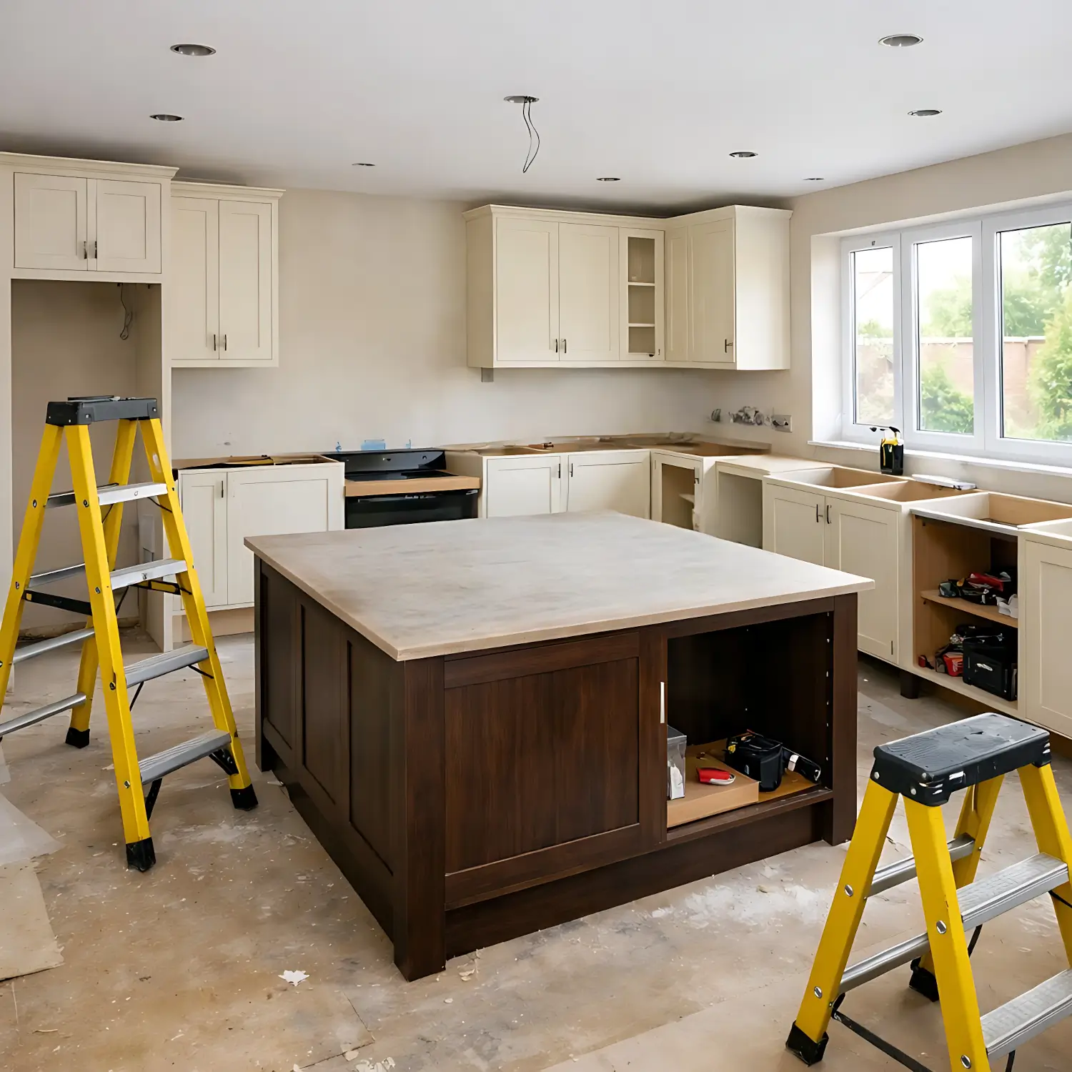 Web design for home improvement companies showing a kitchen installation in progress with cabinets, island unit and ladders in a residential property
