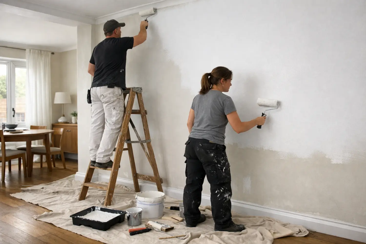 Web design for home improvement companies showing decorators painting a living room wall with rollers during an interior renovation